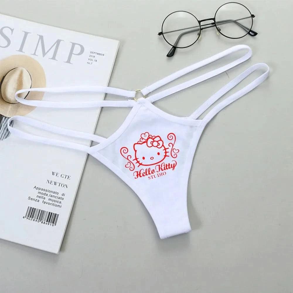 Light Gray Panties de Cintura Baja Hello Kitty y Kuromi - Bikini Briefs y Thong para Mujeres Anime Y2K | Ropa Interior con Correa Fina y Diseño Hueco