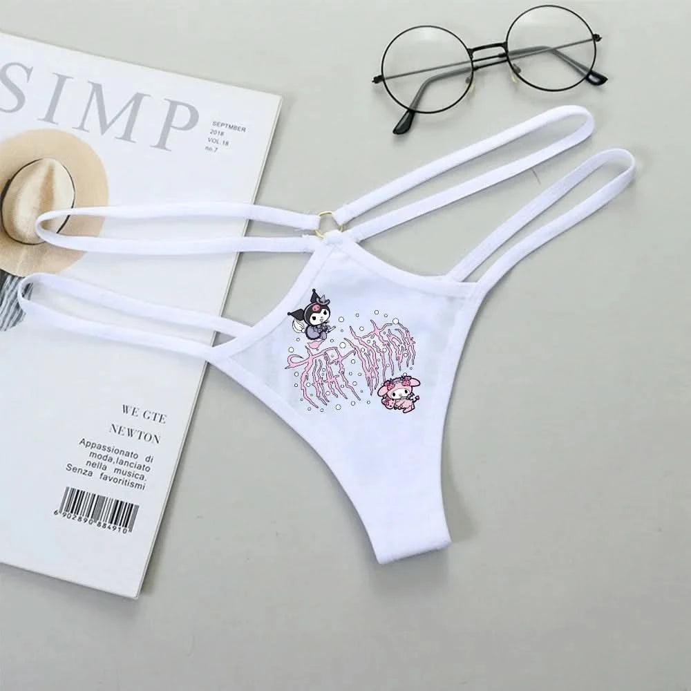 Light Gray Panties de Cintura Baja Hello Kitty y Kuromi - Bikini Briefs y Thong para Mujeres Anime Y2K | Ropa Interior con Correa Fina y Diseño Hueco