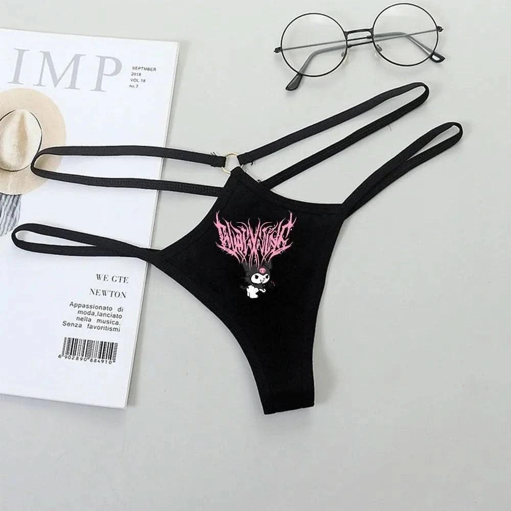 Light Gray Panties de Cintura Baja Hello Kitty y Kuromi - Bikini Briefs y Thong para Mujeres Anime Y2K | Ropa Interior con Correa Fina y Diseño Hueco