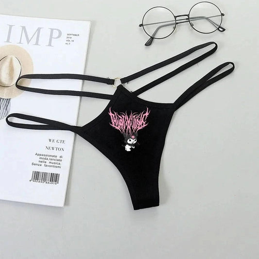 Light Gray Panties de Cintura Baja Hello Kitty y Kuromi - Bikini Briefs y Thong para Mujeres Anime Y2K | Ropa Interior con Correa Fina y Diseño Hueco