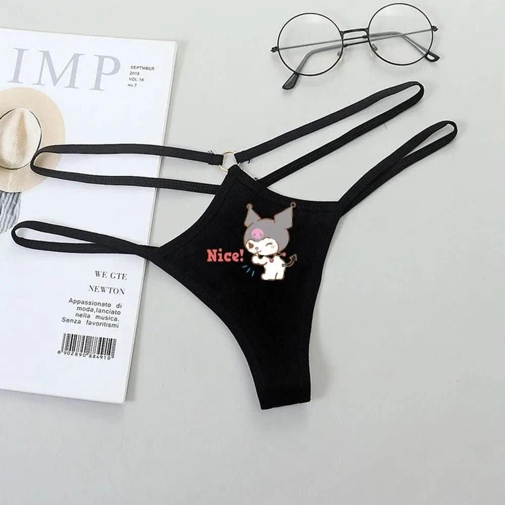 Light Gray Panties de Cintura Baja Hello Kitty y Kuromi - Bikini Briefs y Thong para Mujeres Anime Y2K | Ropa Interior con Correa Fina y Diseño Hueco