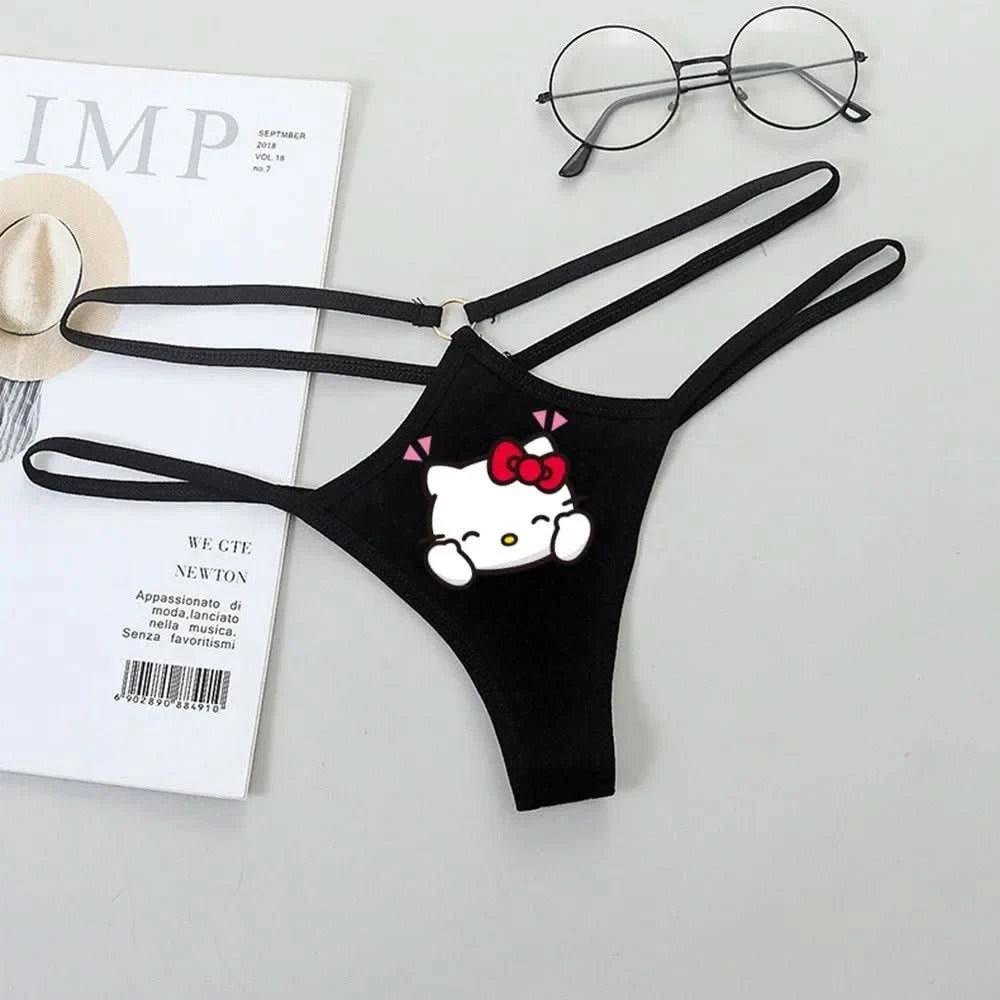 Light Gray Panties de Cintura Baja Hello Kitty y Kuromi - Bikini Briefs y Thong para Mujeres Anime Y2K | Ropa Interior con Correa Fina y Diseño Hueco