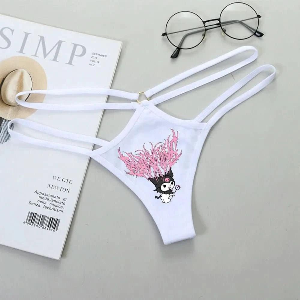 Light Gray Panties de Cintura Baja Hello Kitty y Kuromi - Bikini Briefs y Thong para Mujeres Anime Y2K | Ropa Interior con Correa Fina y Diseño Hueco