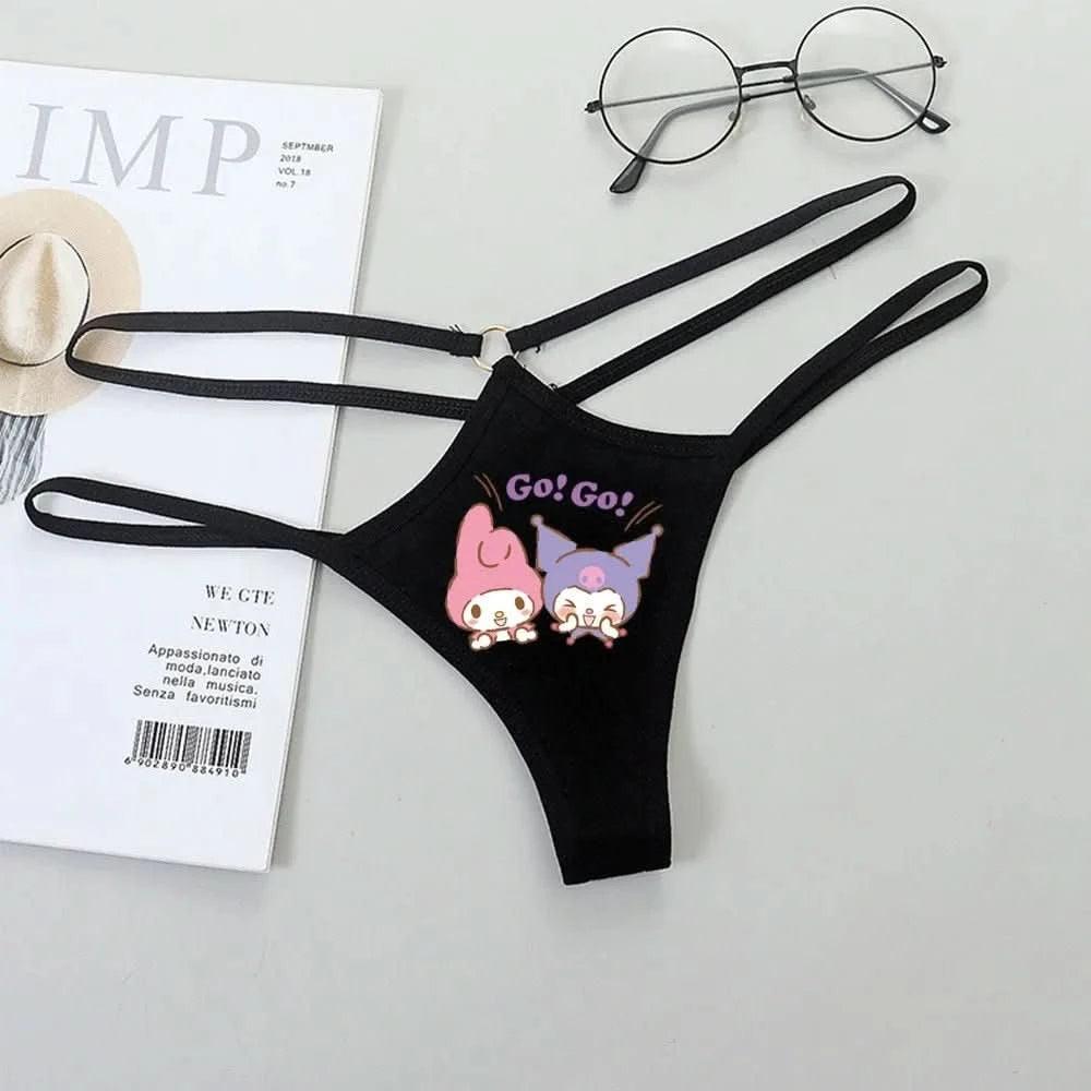 Light Gray Panties de Cintura Baja Hello Kitty y Kuromi - Bikini Briefs y Thong para Mujeres Anime Y2K | Ropa Interior con Correa Fina y Diseño Hueco