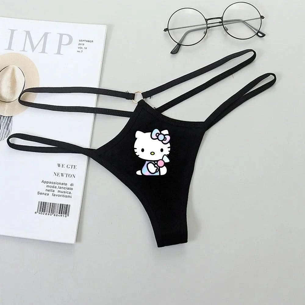 Light Gray Panties de Cintura Baja Hello Kitty y Kuromi - Bikini Briefs y Thong para Mujeres Anime Y2K | Ropa Interior con Correa Fina y Diseño Hueco
