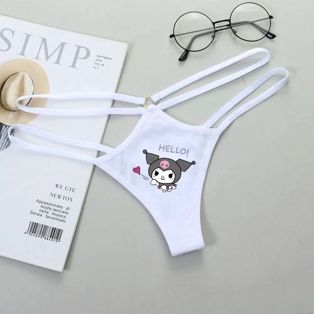 Light Gray Panties de Cintura Baja Hello Kitty y Kuromi - Bikini Briefs y Thong para Mujeres Anime Y2K | Ropa Interior con Correa Fina y Diseño Hueco