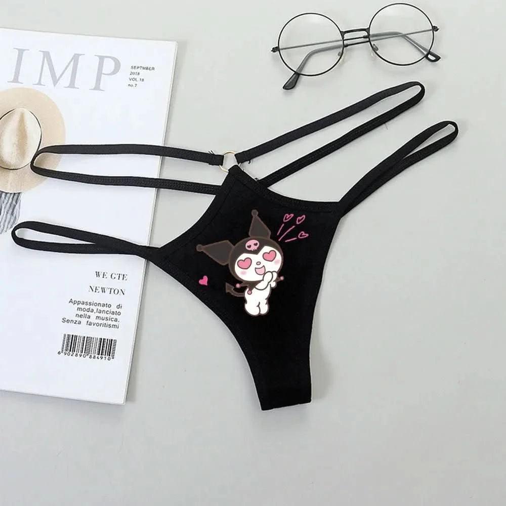 Light Gray Panties de Cintura Baja Hello Kitty y Kuromi - Bikini Briefs y Thong para Mujeres Anime Y2K | Ropa Interior con Correa Fina y Diseño Hueco