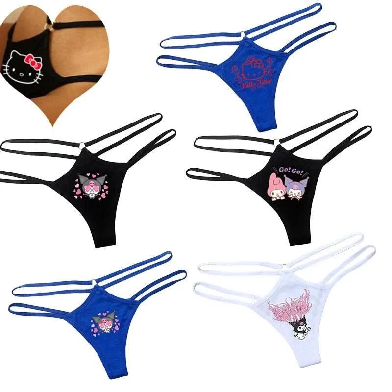 Antique White Panties de Cintura Baja Hello Kitty y Kuromi - Bikini Briefs y Thong para Mujeres Anime Y2K | Ropa Interior con Correa Fina y Diseño Hueco