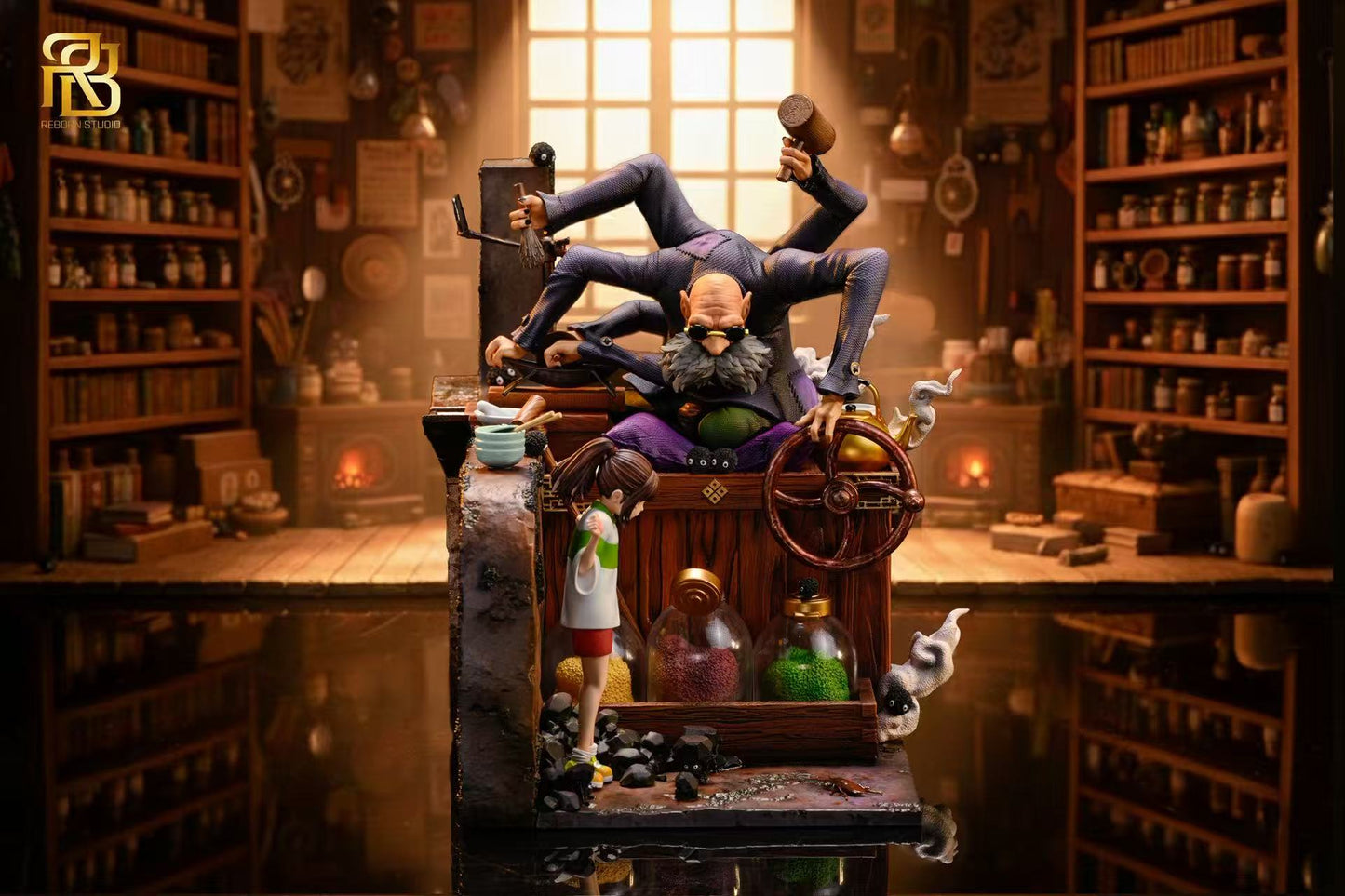 Estatuilla Spirited Away | Kamaji & Chihiro Ogino GK Statue | ReBorn Studio | Tienda Anime | Tico Ofertas