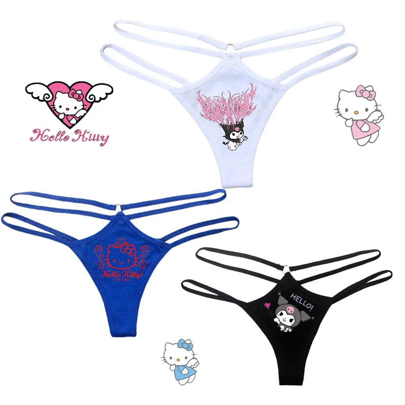 Panties de Cintura Baja Hello Kitty y Kuromi - Bikini Briefs y Thong para Mujeres Anime Y2K | Ropa Interior con Correa Fina y Diseño Hueco